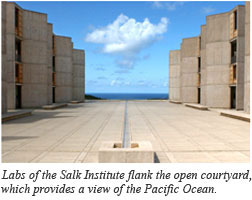 Labs of the Salk Institute flank the open courtyard, which provides a view of the Pacific Ocean.