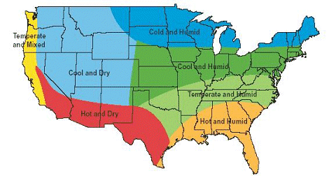 Map depicting air temperature and humidity throughout regions of the U.S. The 			        hottest and driest areas exist in the Southwest through California, Arizona, New Mexico, and Texas. The hottest and most humid areas exist in the Southeast        through Louisiana, Mississippi, Alabama, Georgia, South Carolina, and Florida.