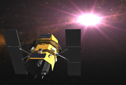 Artist's conception of the Swift satellite detecting a gamma ray burst