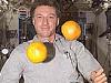 An astronaut smiles as two grapefruit float in front of him