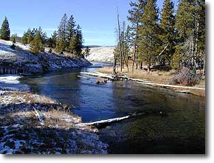 Firehole River flows tranquilly on a winter's day