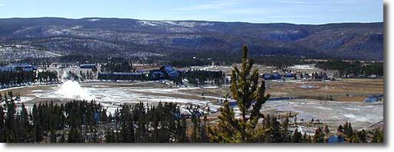 A distant view shows the expanse of the Upper Geyser Basin, home to 60% of the world's geyser.