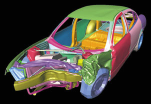 Computer visualization of a high-strength steel automobile after crashing into a rigid barrier