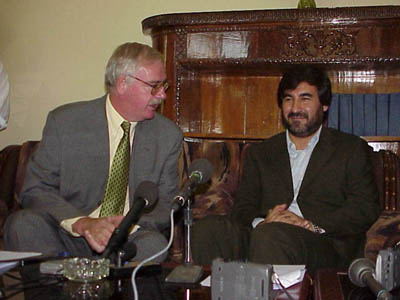 U.S. Ambassador Robert P. Finn (left) and Afghan Commerce Minister Sayed Mustafa Kazemi during a press conference following the signing of an agreement in which the United States will provide Afghanistan with an Internet Center.  The Center will be available to Afghan dealers and traders who want to sell their products and services worldwide via the Internet.