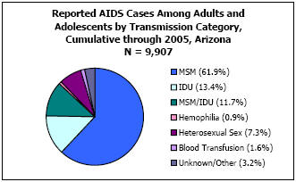 Reported AIDS Cases Among Adults and Adolescents by Transmission Category, Cumulative through 2005, Arizona N = 9,907 MSM - 61.9%, IDU - 13.4%, MSM/IDU - 11.7%, Hemophilia - 0.9%, Heterosexual Sex - 7.3%, Blood Transfusion - 1.6%, Unkown/Other - 3.2%