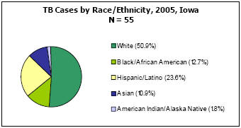 TB Cases by Race/Ethnicity, 2005, Iowa  N=55  White - 50.9%, Black/African American - 12.7%, Hispanic/Latino - 23.6%, Asian - 10.9%, American Indian/Alaska Native - 1.8%