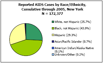 Reported AIDS Cases by Race/Ethnicity, Cumulative through 2005, New York N = 172,377 White, not Hispanic - 25.7%, Black, not Hispanic - 43.9%, Hispanic - 29.3%, Asian/Pacific Islander - 0.7%, American Indian/Alaska Native - 0.1%, Unkown/Other - 0.2%