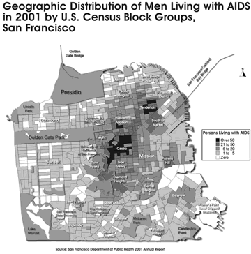 Graphic for Figure 4-8: Geographic Distribution of Men Living with AIDS in 2001 by U.S. Census Block Groups, San Francisco.