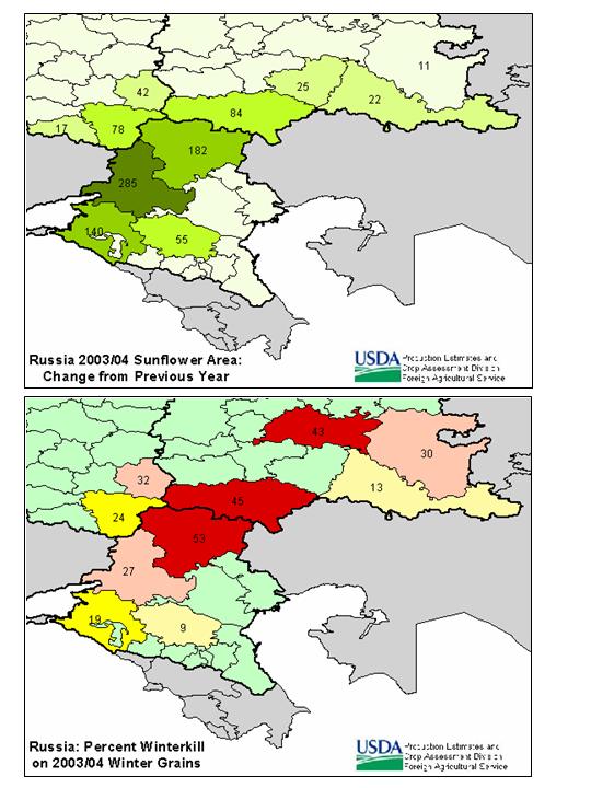 Russian sunflower area for 2003 increased by 1.2 million hectares from the previous year, due in part to high spring reseeding following heavy damage to winter crops.