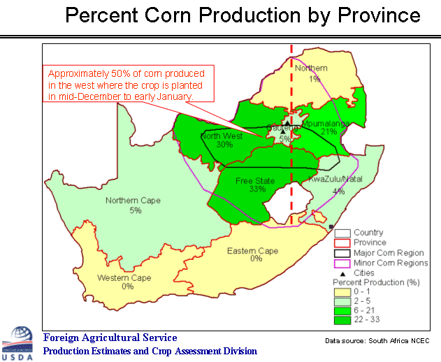 Corn production map shows that approximately 50 percent of production occurs in the eastern and western regions of the Maize Triangle.