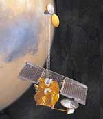 The Mars Odyssey probe, shown in this illustration orbiting Mars, found evidence of water ice beneath the surface of Mars in 2002. The probe, launched in 2001, also analyzed the chemical composition of the planet's surface.