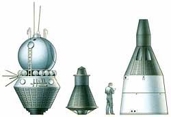 The Soviet Vostok capsule, left, stood about 16 feet (4.9 meters) high. The U.S. Mercury capsule, center, was 9 1/2 feet (2.9 meters) high. The U.S. Gemini spacecraft, right, stood 19 feet (5.8 meters) high.