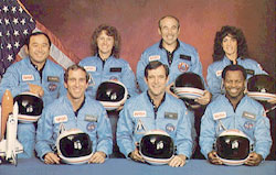 The crew of the last flight of the U.S. space shuttle Challenger consisted of, back row from left, Ellison Onizuka, Christa McAuliffe, Gregory Jarvis, and Judith Resnik; front row from left, Michael Smith, Francis Scobee, and Ronald McNair.
