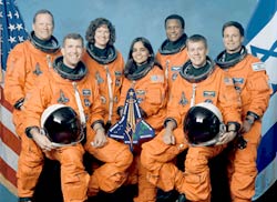 The crew of the last flight of the U.S. space shuttle Columbia consisted of, from left to right, David M. Brown, Rick D. Husband, Laurel B. Clark, Kalpana Chawla, Michael P. Anderson, William C. McCool, and Ilan Ramon, the first Israeli astronaut.