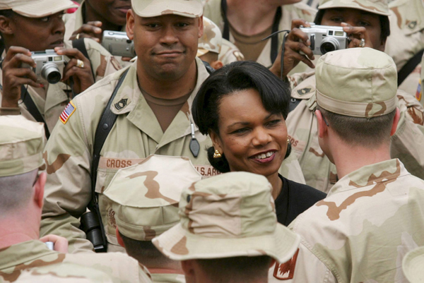 Secretary Rice talks with U.S. soldiers in Kabul, Afghanistan. March 17, 2005. AP WideWorld Photo.