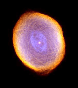 A planetary nebula with an unusual textured appearance, the cause of which is unknown. This photo was taken by the Hubble Space Telescope.