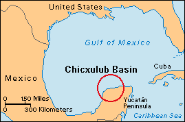 The Chicxulub Basin along the northern coast of Mexico's Yucatan Peninsula formed when an asteroid hit the earth about 65 million years ago. Debris from the impact may have led to the extinction of the dinosaurs.