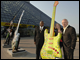 Secretary Spellings stands outside the Rock and Roll Hall of Fame and Museum with Terry Stewart, president and CEO of the museum, and Eugene Sanders, CEO of the Cleveland Metropolitan School District.