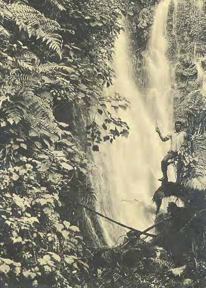 Photo of young man standing on a moss-covered log in front of a misty waterfall