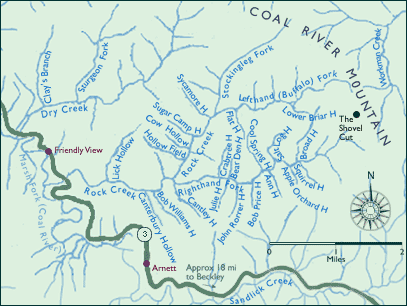 A map showing places of interest along Dry Creek in southern West Virginia.