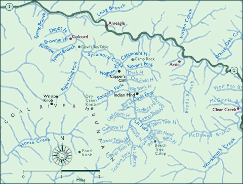 A map showing places of interest along Sycamore Creek in southern West Virginia.