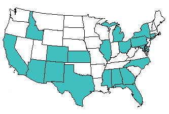 Map of the United States highlighting the participating States: Alabama, Arizona, California, Colorado, Connecticut, Delaware, Florida, Georgia, Idaho, Illinois, Kansas, Maryland, Michigan, Mississippi, New Mexico, New York, North Carolina, Ohio, Pennsylvania, and Texas.