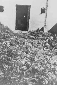 Remains of inmates in front of a crematorium at the Majdanek camp. Poland, after July 22, 1944.