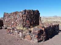 partially reconstructed pueblo walls made of petrified wood