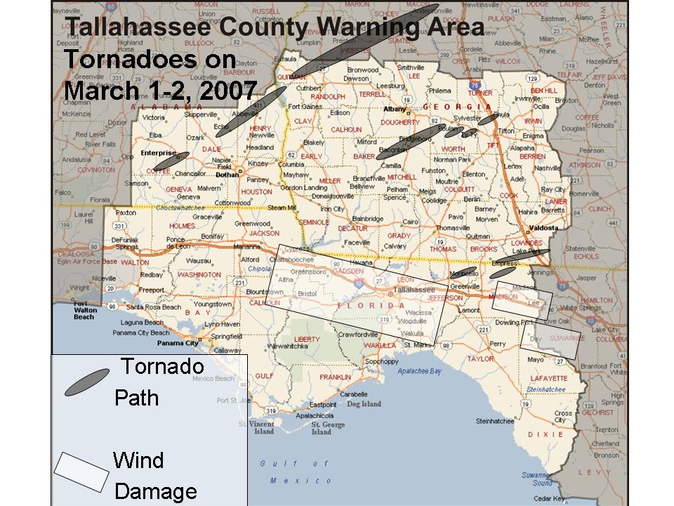 Extent of the severe weather outbreak of March 1-2, 2007.  Tornado paths are indicated in charcoal gray.  Areas of straight-line wind damage are indicated by white rectangles.  Click on the image for a larger view.