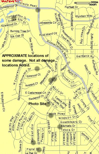 Map of damage area in Kissimmee, Florida.