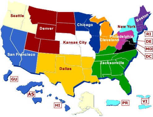 Map of the United States; Click on the appropriate section to go to the corresponding address information