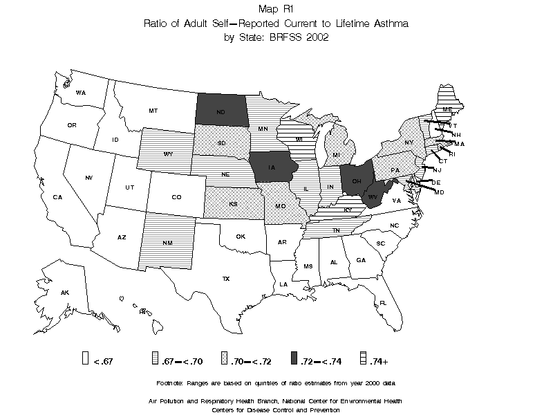 Map R1 (black and white) - Ratio of Adult Self-Reported Current to Lifetime Asthma by State: BRFSS 2002