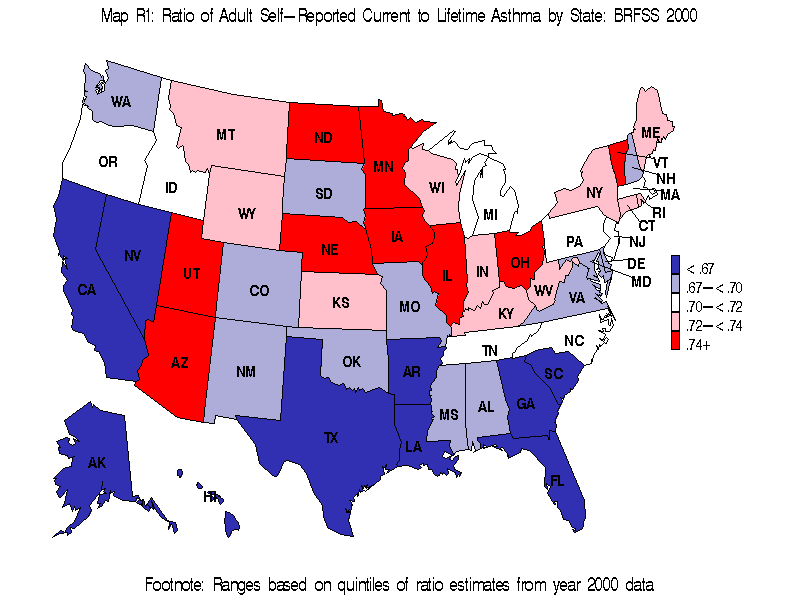 Map R1 (color) - Ratio of Adult Self-Reported Current to Lifetime Asthma by State: BRFSS 2000