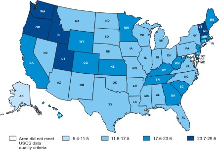 Map of the United States showing melanoma of the skin incidence rates by state in 2004.