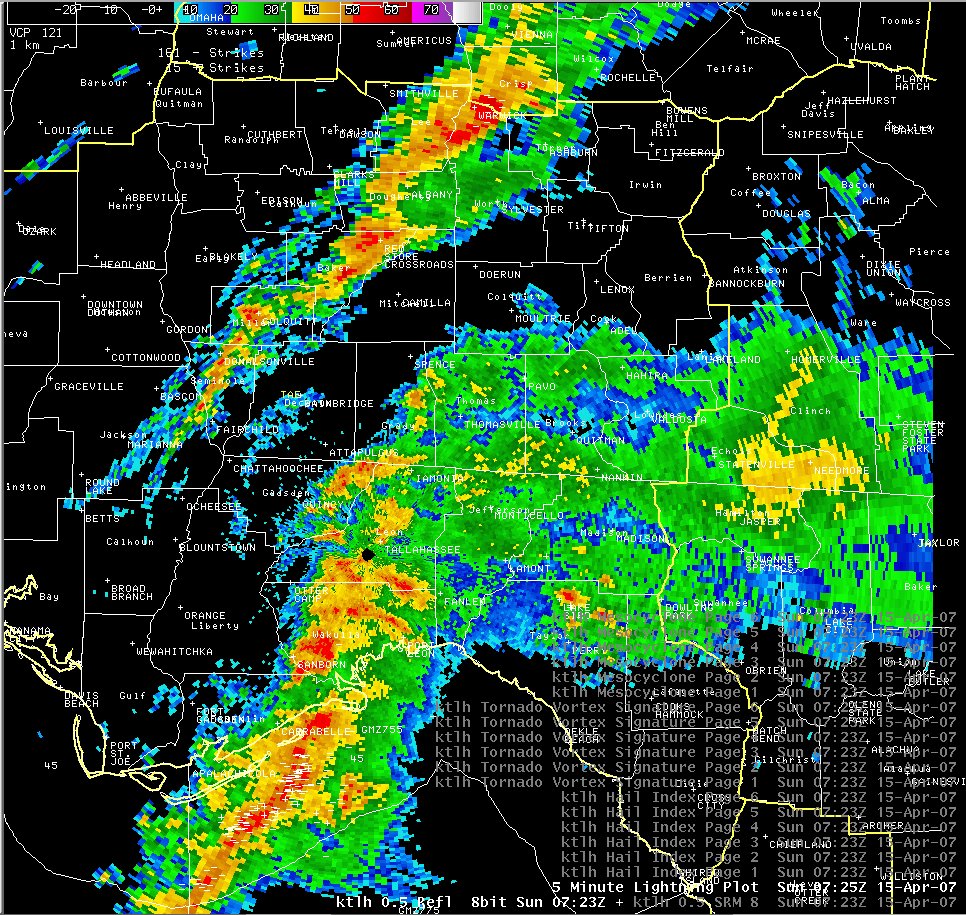 This image shows the base reflectivity image from the Tallahassee, FL, Doppler Radar (KTLH) for 0723 UTC 15 April 2007 (3:23 AM EST).