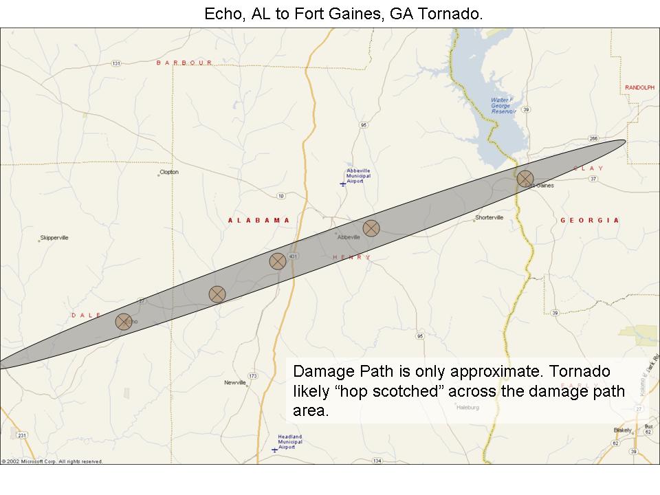This image shows the damage path of the tornado that moved from Echo, AL, northeast across Henry County into Clay County, GA, on Thursday, March 1, 2007.  Click on the image for a larger view.