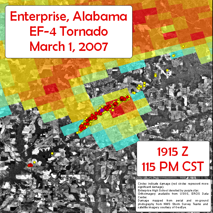 This image shows the Areas damaged by the EF-4 tornado that struck Enterprise, AL, on Thursday, March 1, 2007.  The base reflectivity image from the Ft. Rucker, AL, Doppler Radar (KEOX) for 1915 UTC is overlaid.  Click on the image for a larger view.