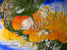 A view of the Caribbean and the Gulf of Mexico in August 2005 showing warmer surface water temperatures in yellow and orange