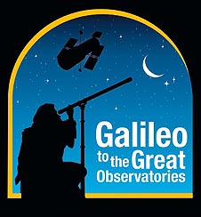 Silhouette of a man gazing at the night sky with the words Galileo to the Great Observatories in the foreground