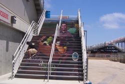 Artwork on stairs promoting fruits and vegetables for healthy eating