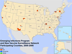 Map: Emerging Infections Program and New Vaccine Surveillance Network Participating Counties, 2005-2006