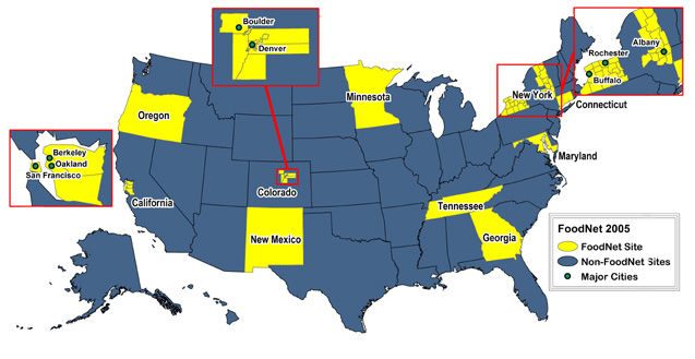 FoodNet Site Map of USA