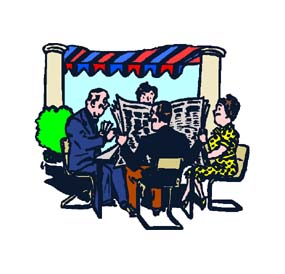 Graphic of several people sitting outside at a table with one person reading the newspaper.