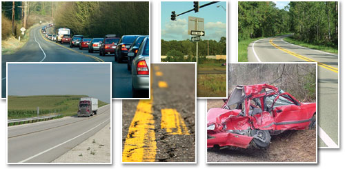A collage of images showing a wrecked red car, a tractor-trailer truck, bumper-to-bumper traffic, a road intersecting with a four-lane divided road, a close-up view of an asphalt pavement, and an empty two-lane rural road.