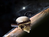 Artist's concept of the New Horizons spacecraft during a planned encounter with Pluto and its moon, Charon