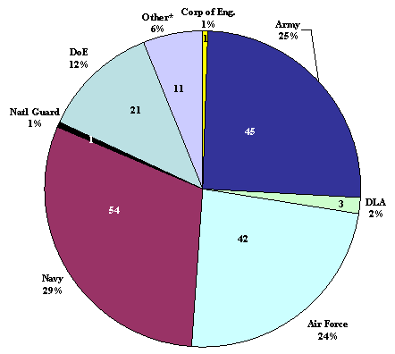 Pie chart: Army - 25% (45), DLA - 2% (3), Air Force - 24% (42), Navy - 29% (54), Natl Guard - 1% (1), DOE - 12% (21), Other* - 6% (11), Corp of Eng - 1% (1)