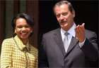 Mexican President Vicente Fox gestures as he shakes hands with Secretary Rice at her arrival at the los Pinos presidential residence in Mexico City on March 10, 2005. AP/Wide World Photo.