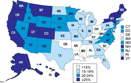 Percent of Children Breastfed at 12 Months of Age by State among Children Born in 2004