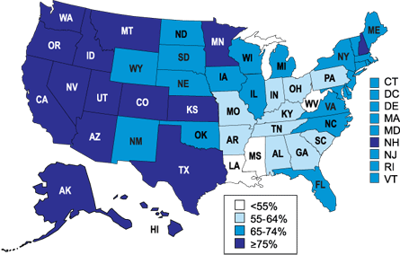 Percent of Children Ever Breastfed by State among Children Born in 2001