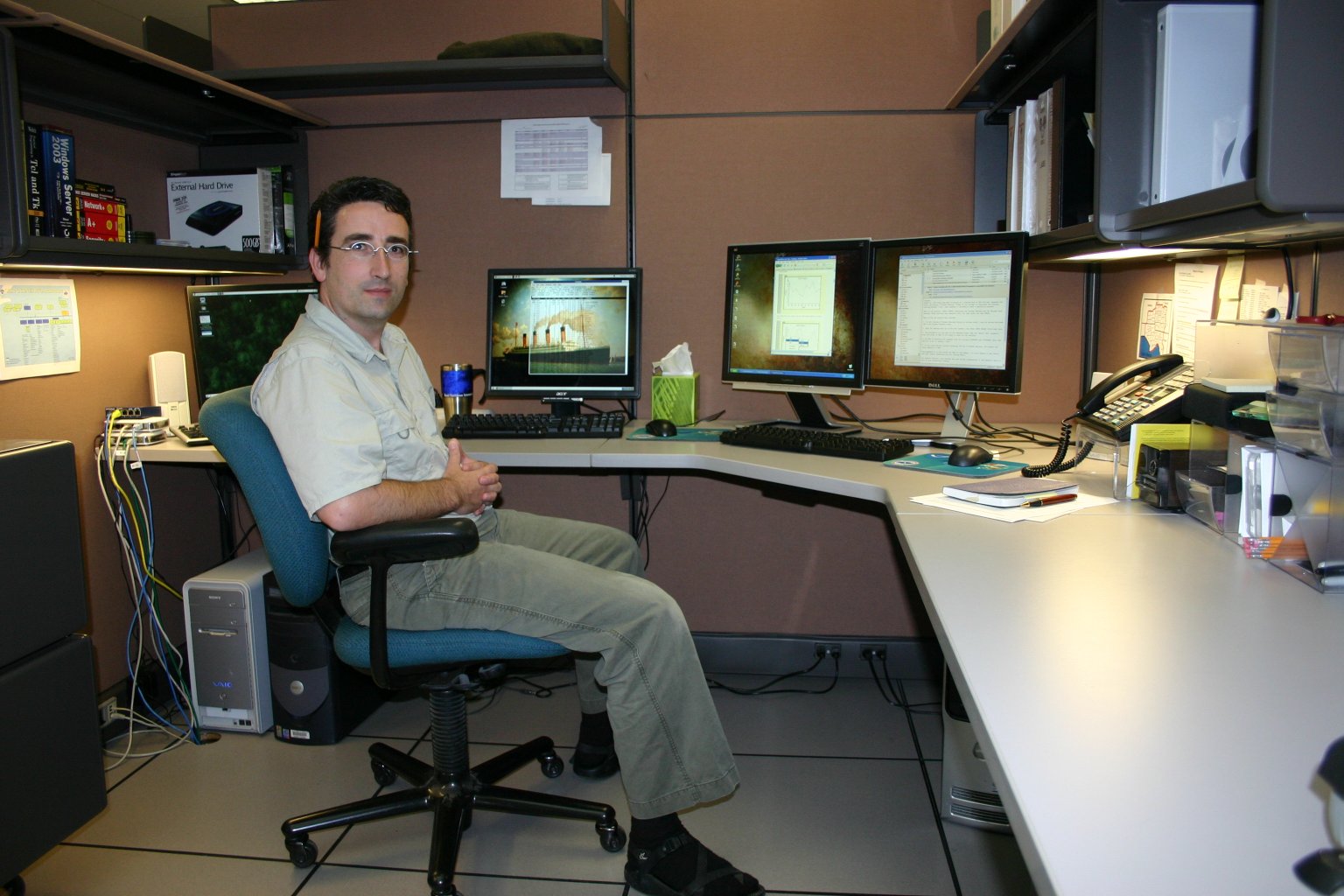 A picture of Information Technolocy Officer, Tony Freeman, in his cubicle near the operations area.